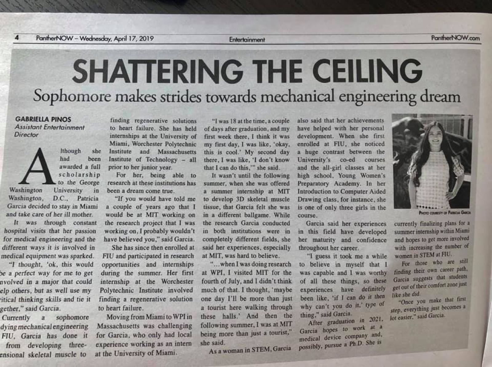 PantherNOW newspaper feature on Patricia's mechanical engineering work at FIU