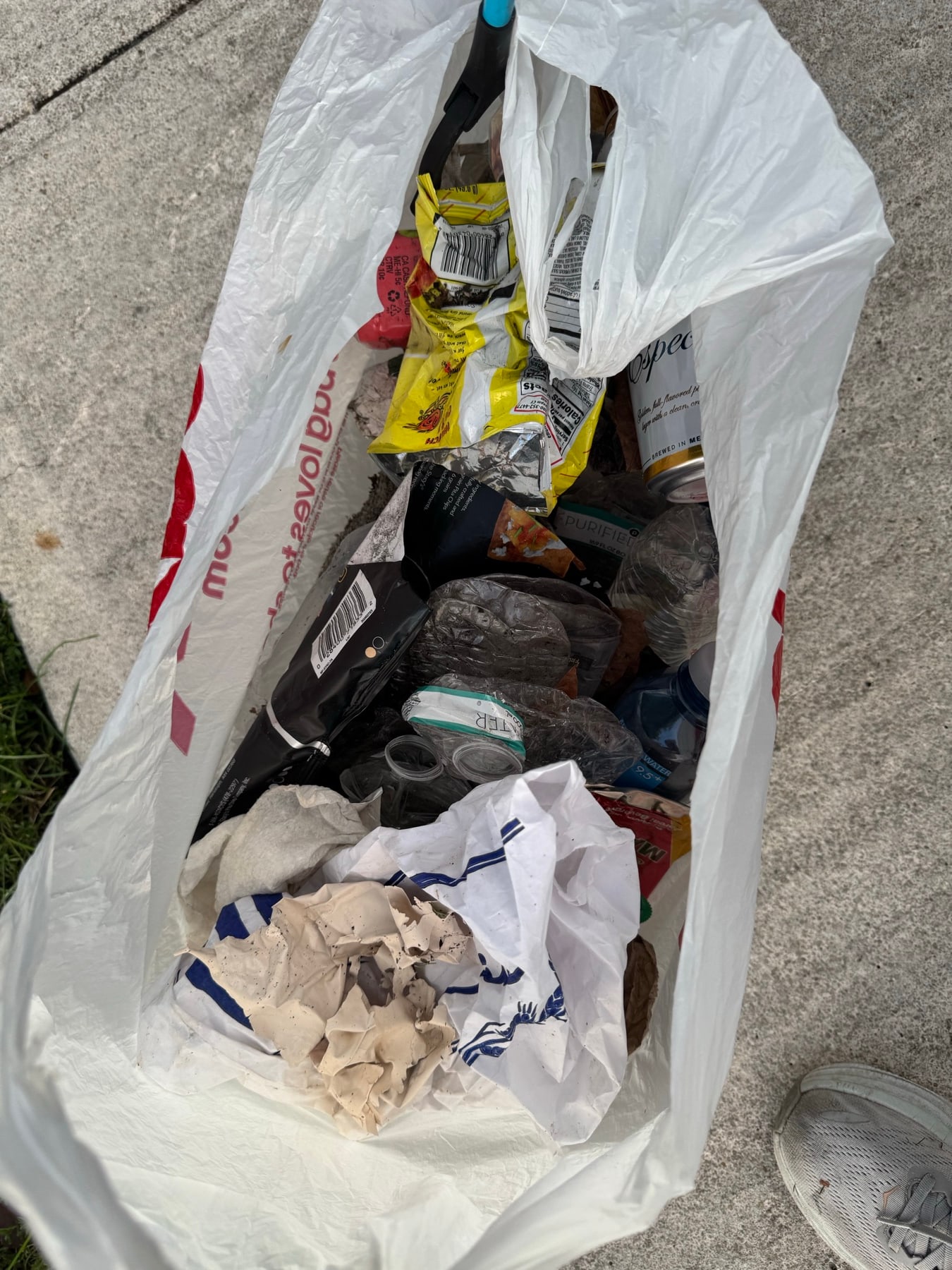 A bag of trash collected next to a shopping bag on the sidewalk